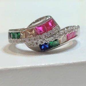 925 Silver Multicolor Gemstone Ring Sz 6 CZ